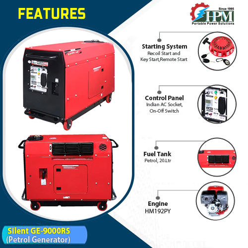 10 KVA Super Silent Portable Petrol Generator, Petrol Run, Recoil & Self Start Model Silent GE-9000RS 